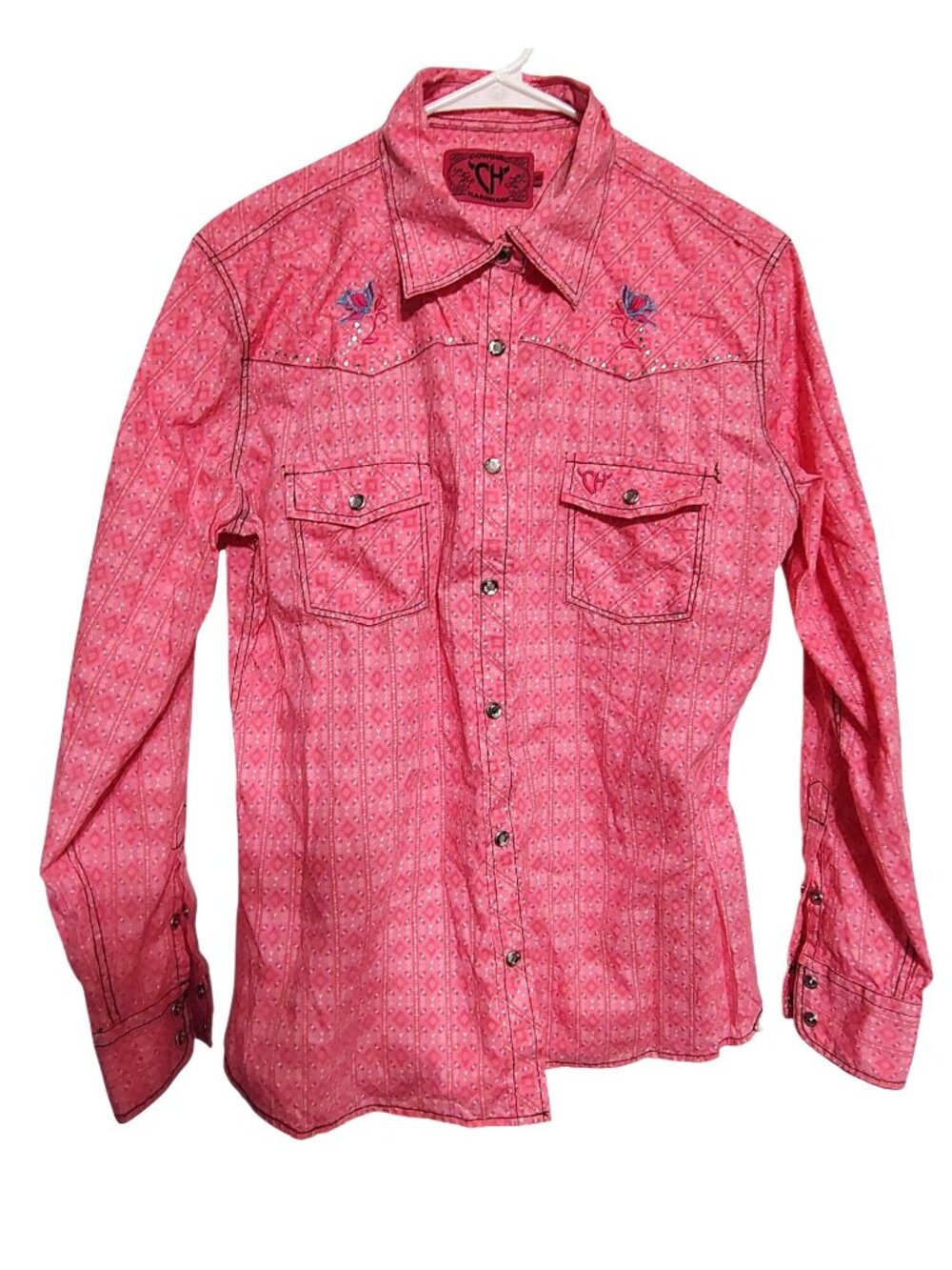 Cowgirl Hardware Medium MD Pink Western Shirt Rhinestone Snap Buttons Embroidery
